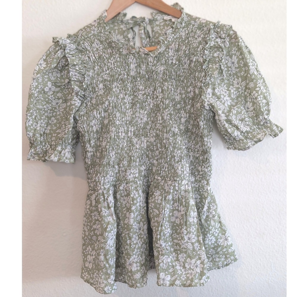 Blue Pepper Floral Smocked Top Peplum Boho Puff Sleeve Sage M